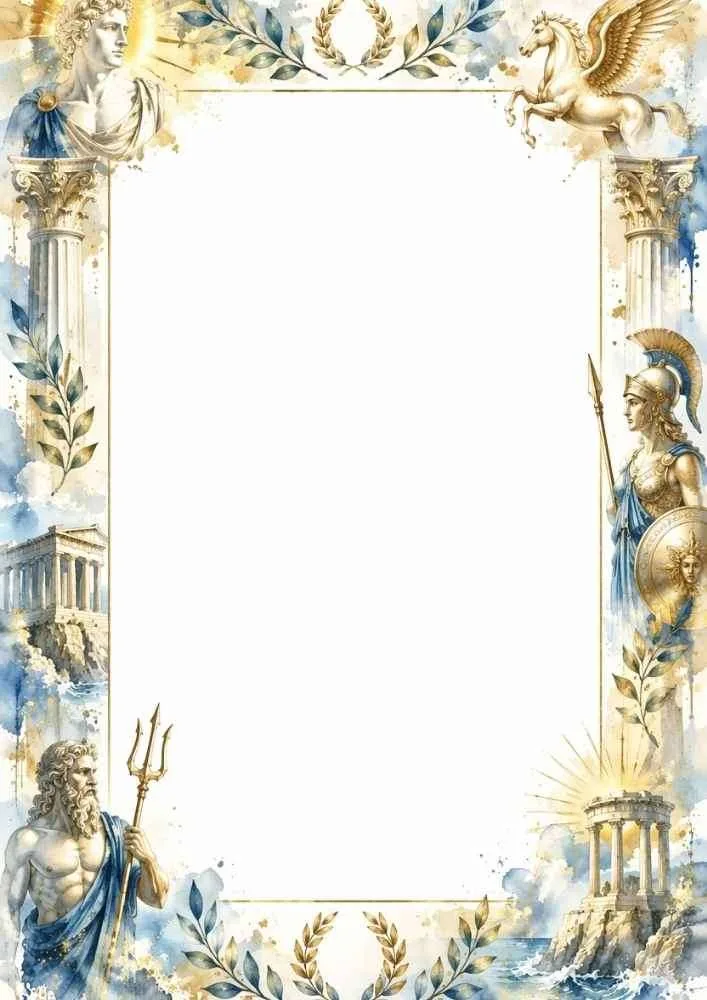 Greek mythology border with statues, Pegasus, temples, columns, laurel leaves, and a blank center.