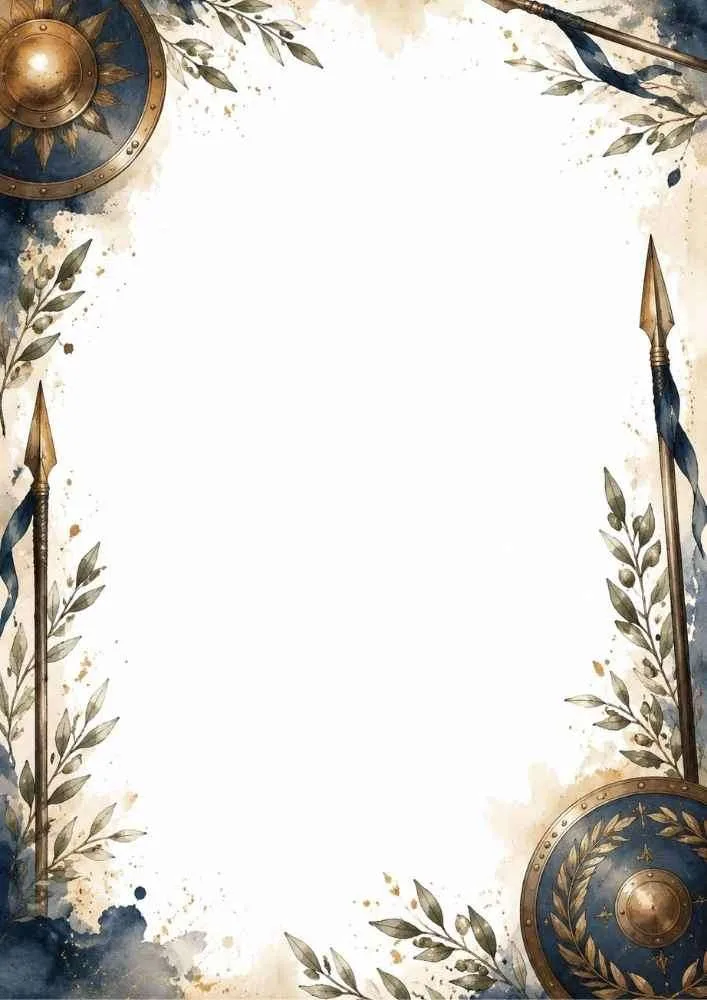 Border with shields, spears, olive branches, and a blank center.