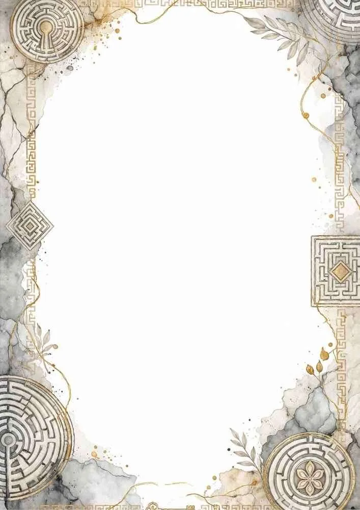 Border with labyrinth patterns, stone textures, leaves, and a blank center.