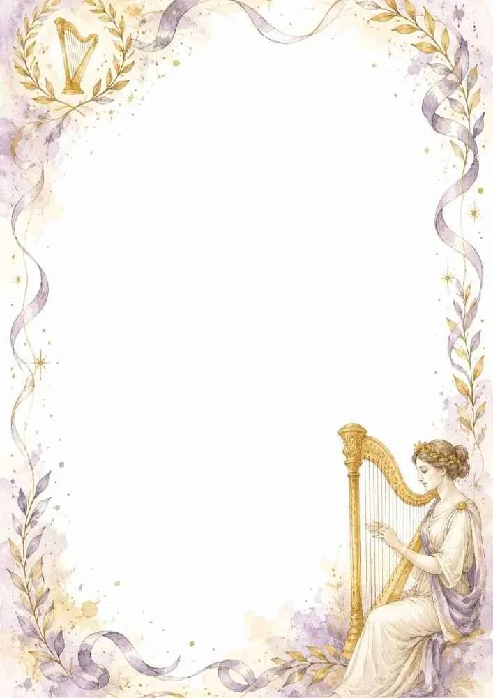 Border with woman playing harp, ribbons, laurel leaves, and a blank center.