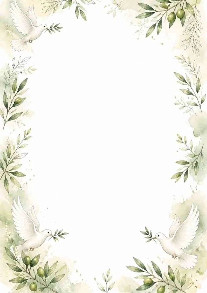 Border with white doves, olive branches, leaves, and a blank center.