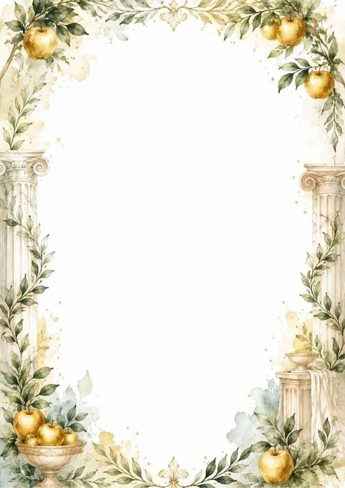 Border with golden apples, marble columns, leaves, and a blank center.