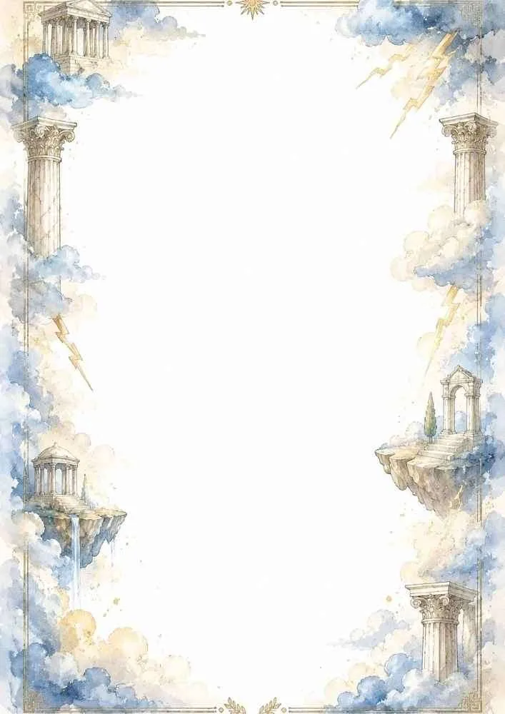 Border with clouds, Greek temples, columns, lightning, and a large blank center.