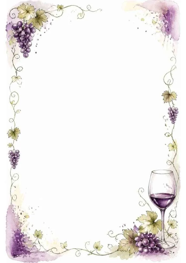 Border with grape vines, grape clusters, wine glass, and a blank center.