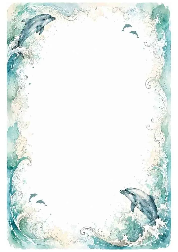 Ocean border with two dolphins, rolling waves, small dolphins, swirling water, and a large blank center.