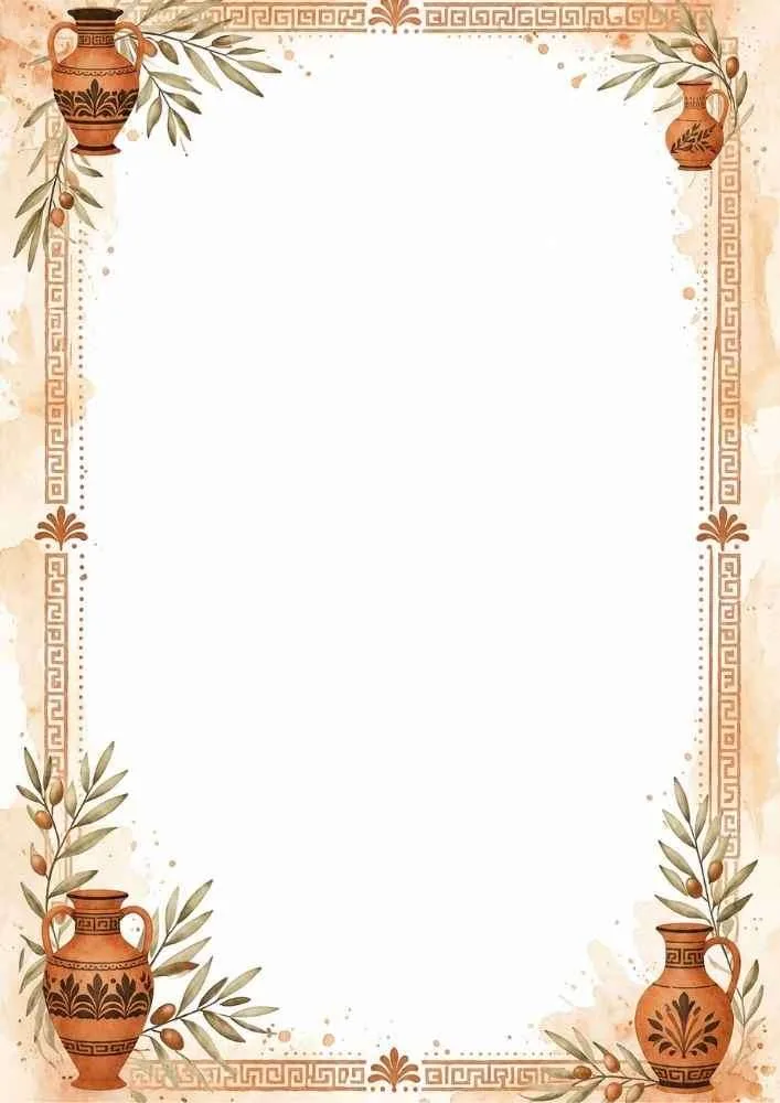 Greek border with clay pots, olive branches, Greek patterns, and a blank center.