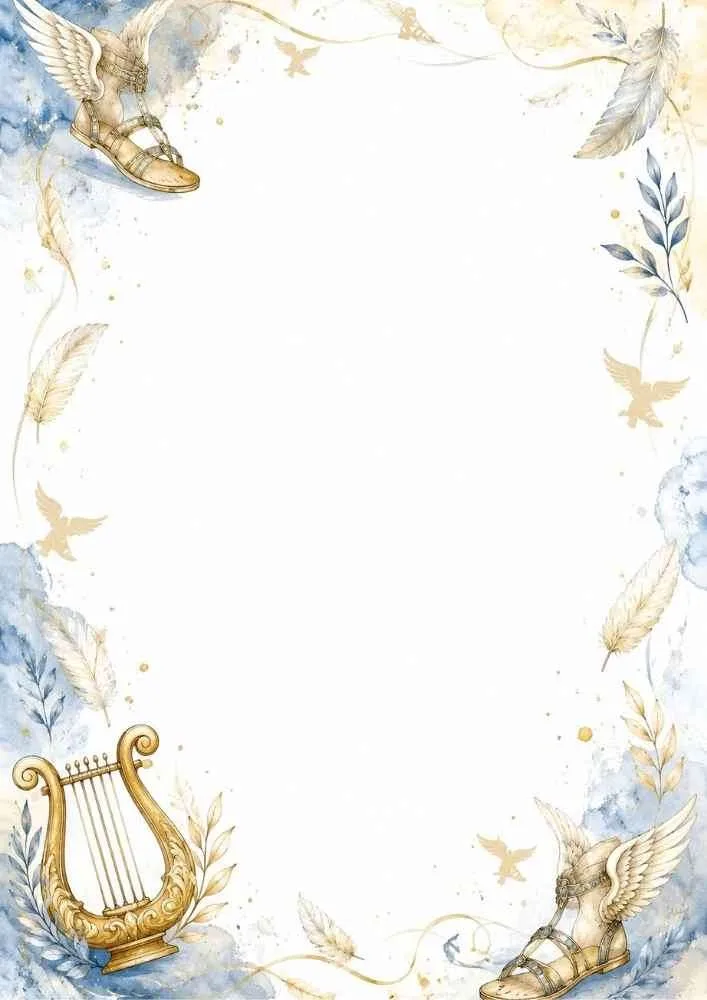 Mythology border with winged sandals, harp, feathers, birds, and a blank center.