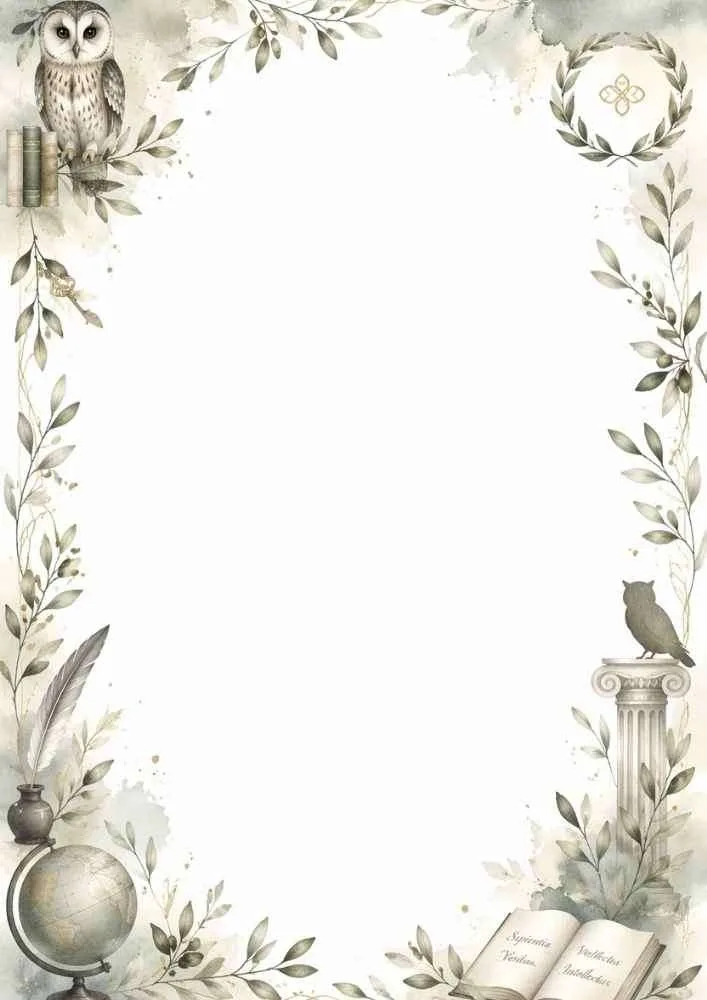 Border with owls, books, globe, leaves, columns, and a blank center.