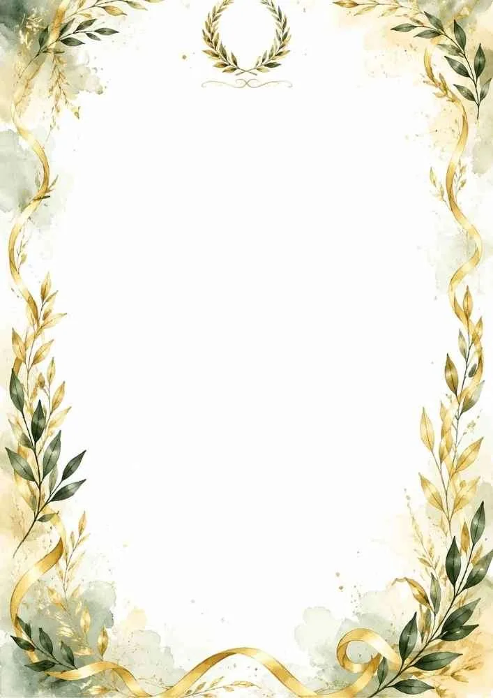 Border with golden ribbons, laurel leaves, wreath, and a blank center.
