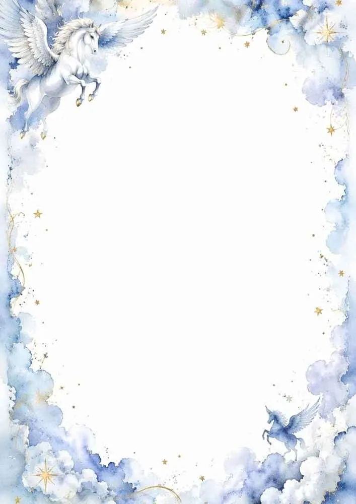 Border with Pegasus, clouds, stars, and a large blank center.