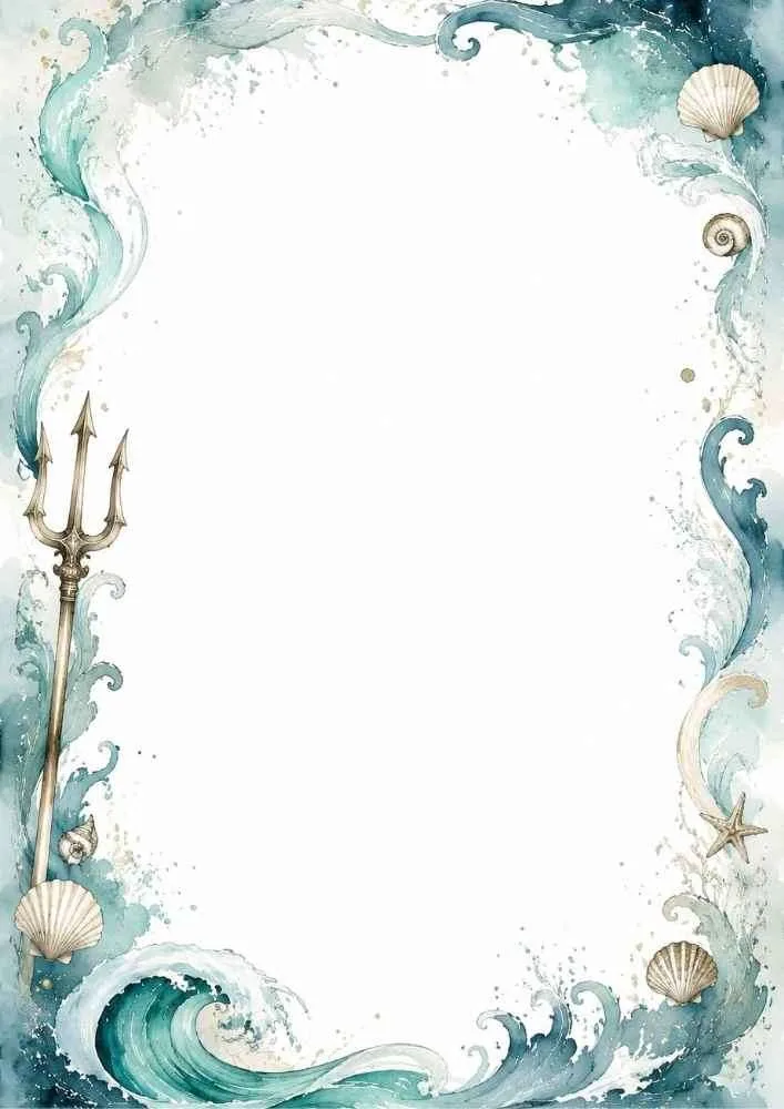 Ocean border with waves, trident, seashells, starfish, and a blank center.