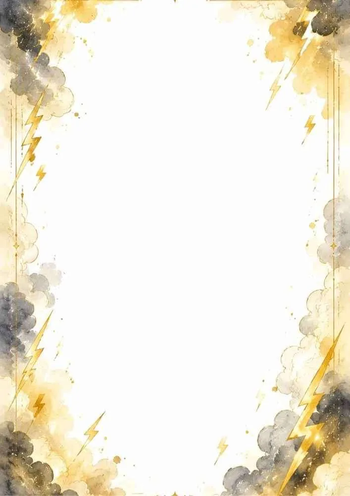 Border with clouds, golden lightning bolts, and a large blank center.