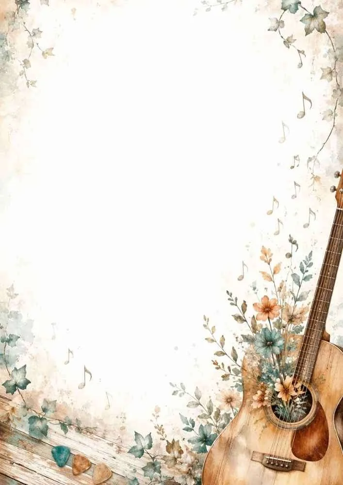 A rustic guitar border with wildflowers, ivy, music notes, and a wooden background.
