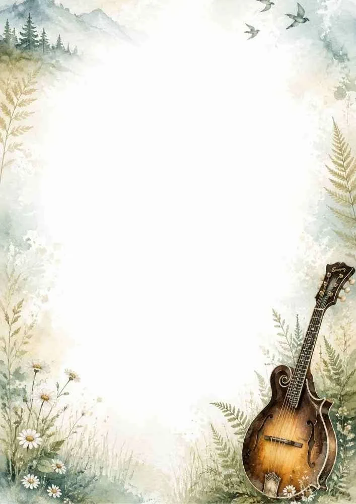 A woodland border with a mandolin, wildflowers, ferns, and mountains.