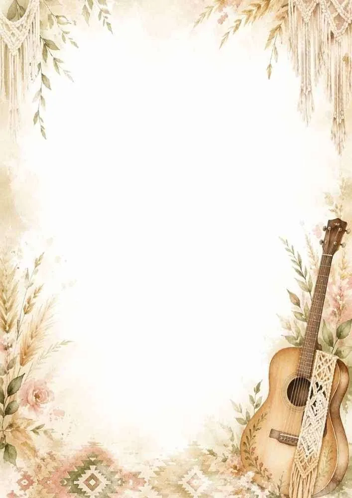A boho border with an acoustic guitar, flowers, macramé, and rustic patterns.