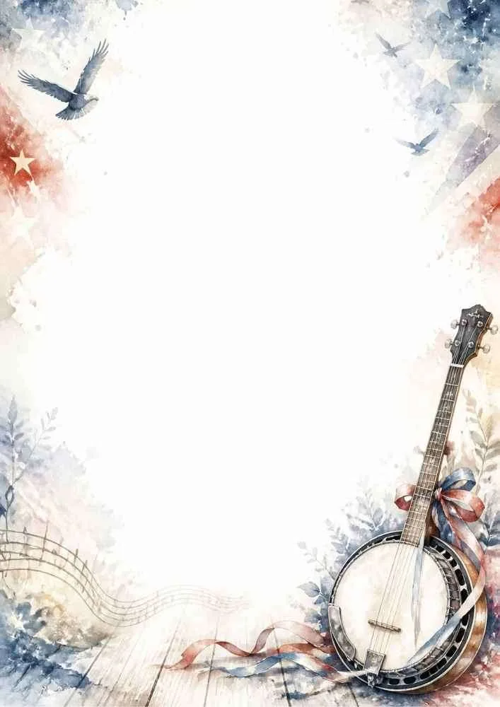 A patriotic border with a banjo, stars, ribbons, birds, and music notes.