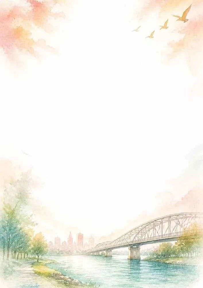 A riverside border with a bridge, trees, water, and a distant city skyline.