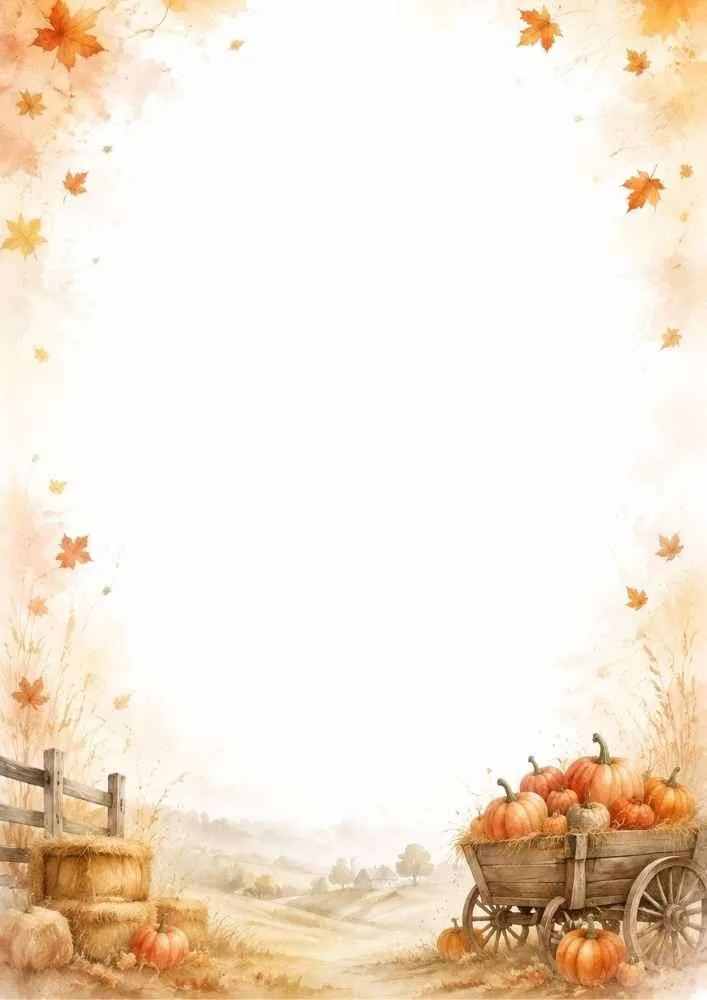 A fall border with pumpkins, a wooden wagon, hay bales, and autumn leaves.