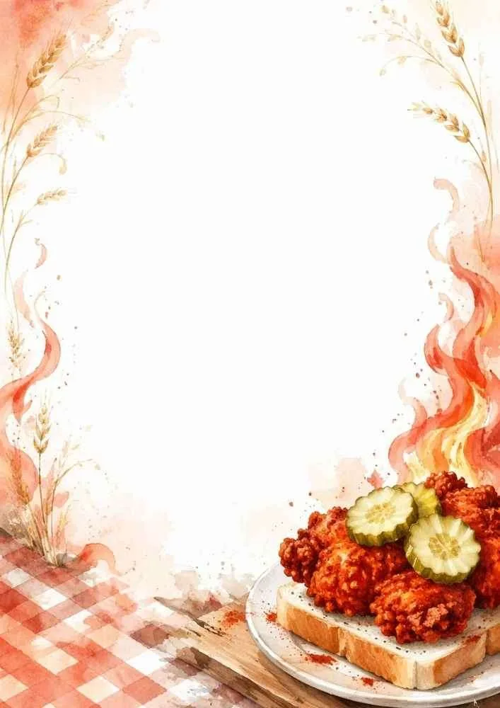 A Nashville hot chicken border with flames, wheat, and a picnic table setting.