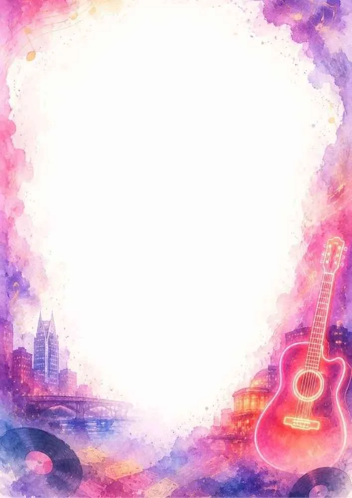 A neon guitar border with vinyl records and a colorful city skyline.