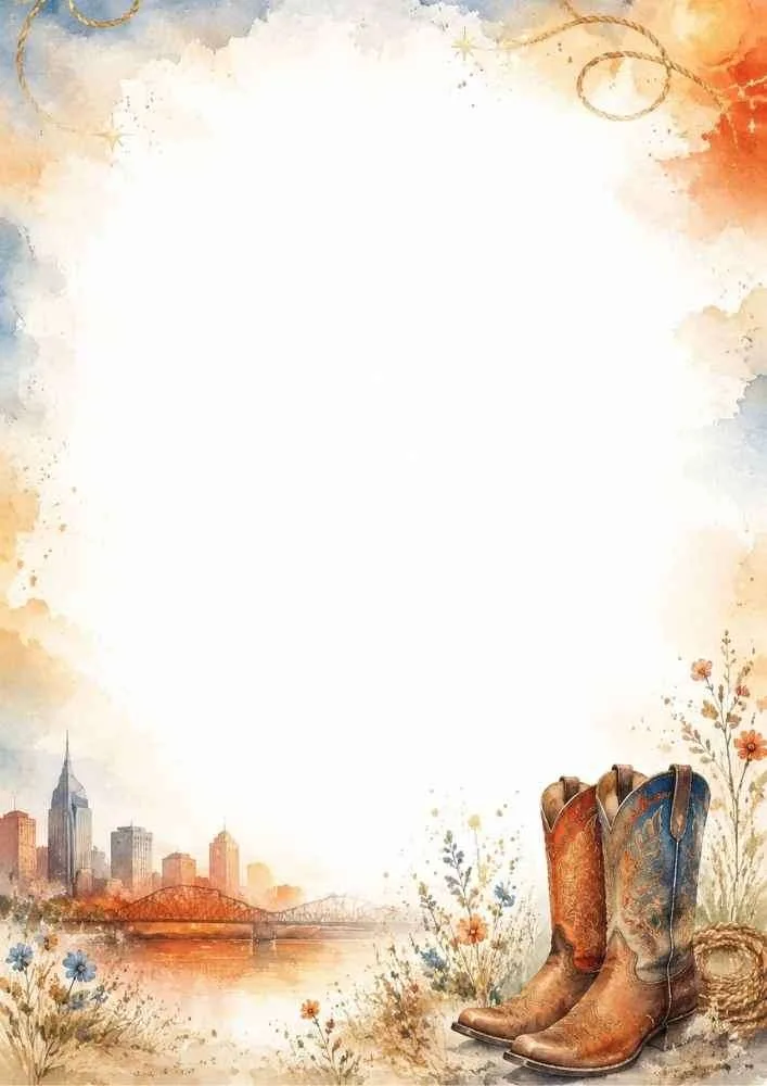 A country border with cowboy boots, wildflowers, and a riverside city skyline.