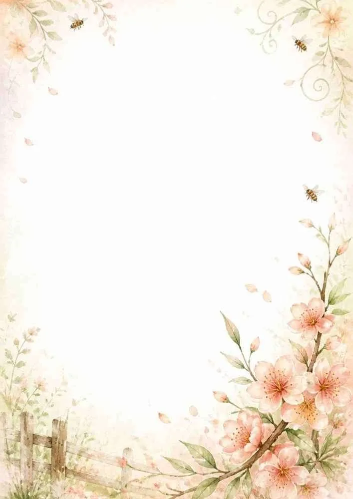 A floral border with spring blossoms, bees, and a wooden country fence.