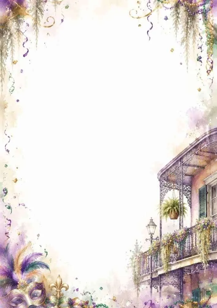 A Mardi Gras border with French Quarter balconies, masks, beads, and feathers.