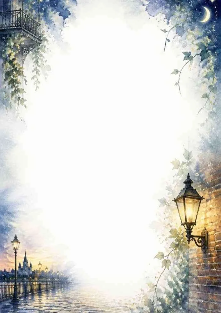 A French Quarter border with gas lamps, ivy, brick walls, and a moonlit walkway.