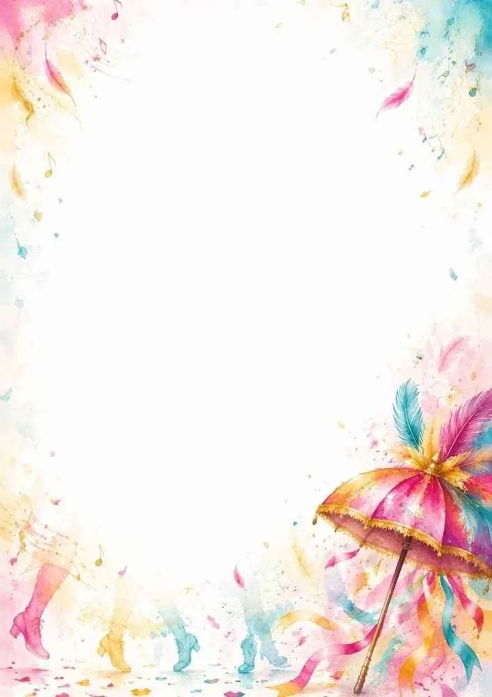A Mardi Gras umbrella border with feathers, ribbons, dancing footsteps, and music notes.