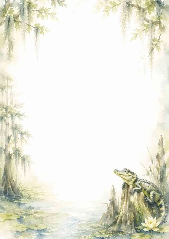 A bayou border with an alligator, moss-covered trees, lily pads, and swamp water.