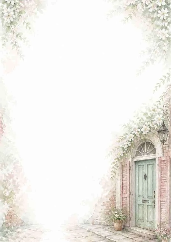 A floral courtyard border with a pastel door and climbing flowers.