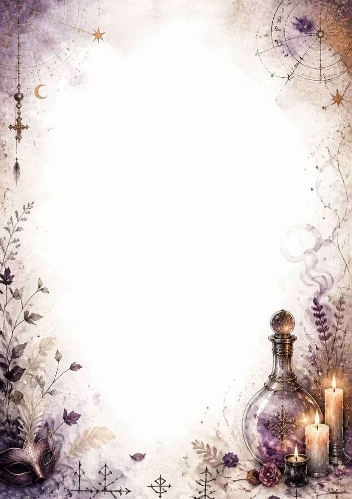 A mystical border with candles, potion bottles, herbs, celestial symbols, and decorative accents.