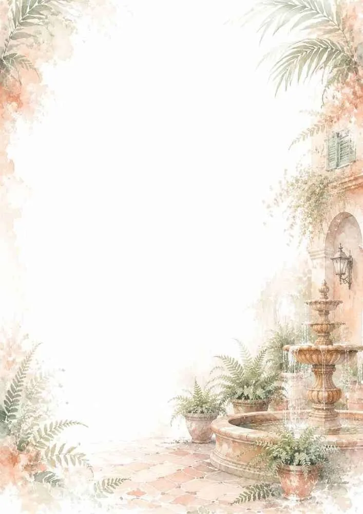 A courtyard border with a fountain, ferns, and historic architecture.