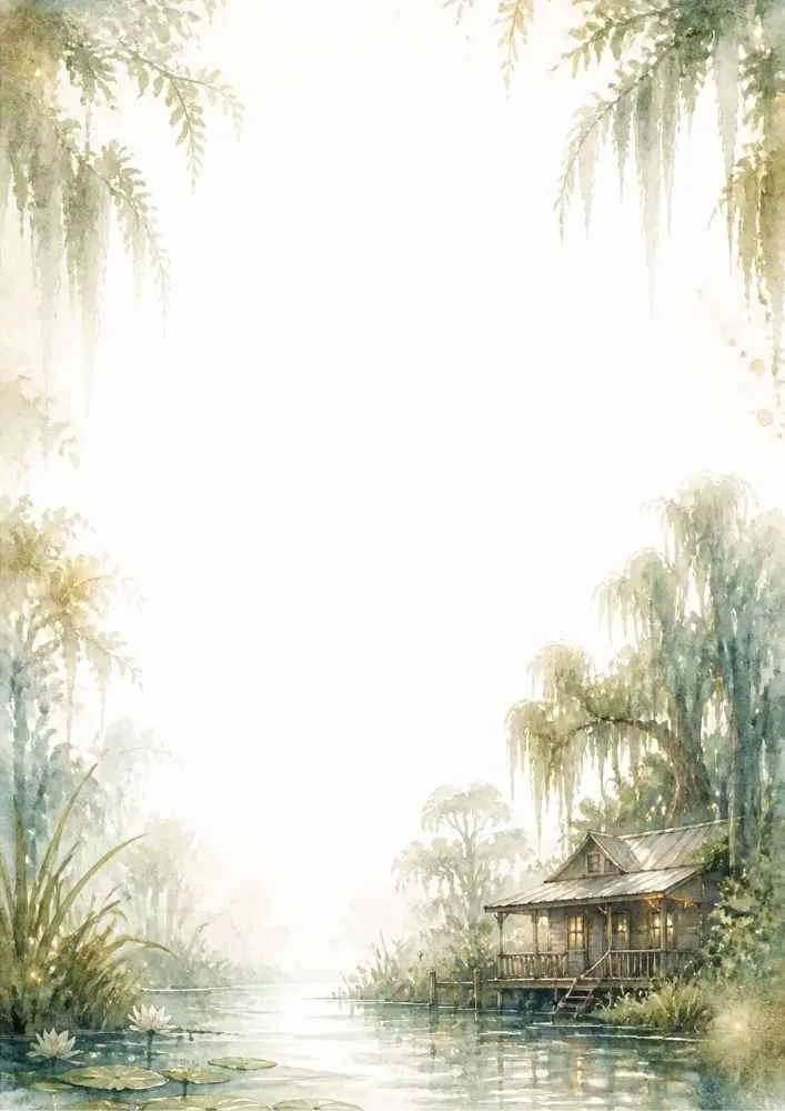 A bayou border with a cabin, mossy trees, lily pads, and quiet water.