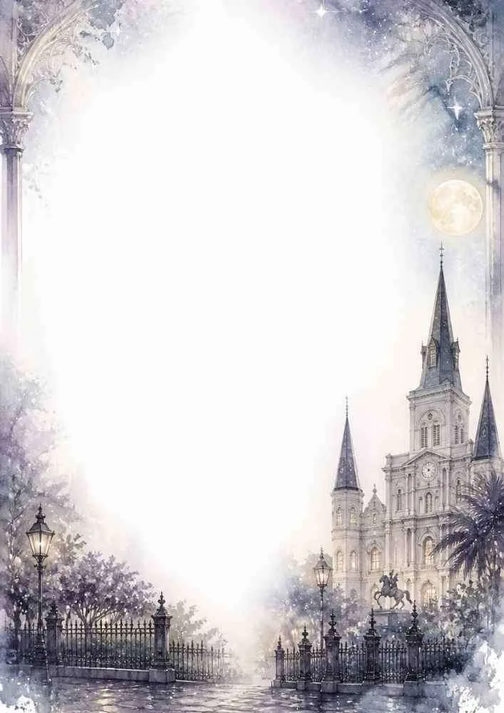 A moonlit cathedral border with historic fencing and glowing street lamps.