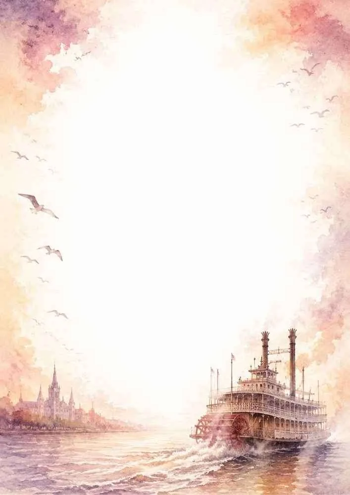 A river border with a paddlewheel steamboat, birds, and a distant city skyline.