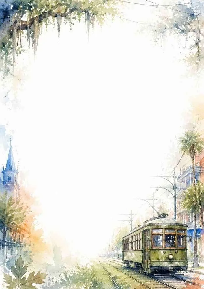 A New Orleans streetcar border with moss-covered trees and historic streets.