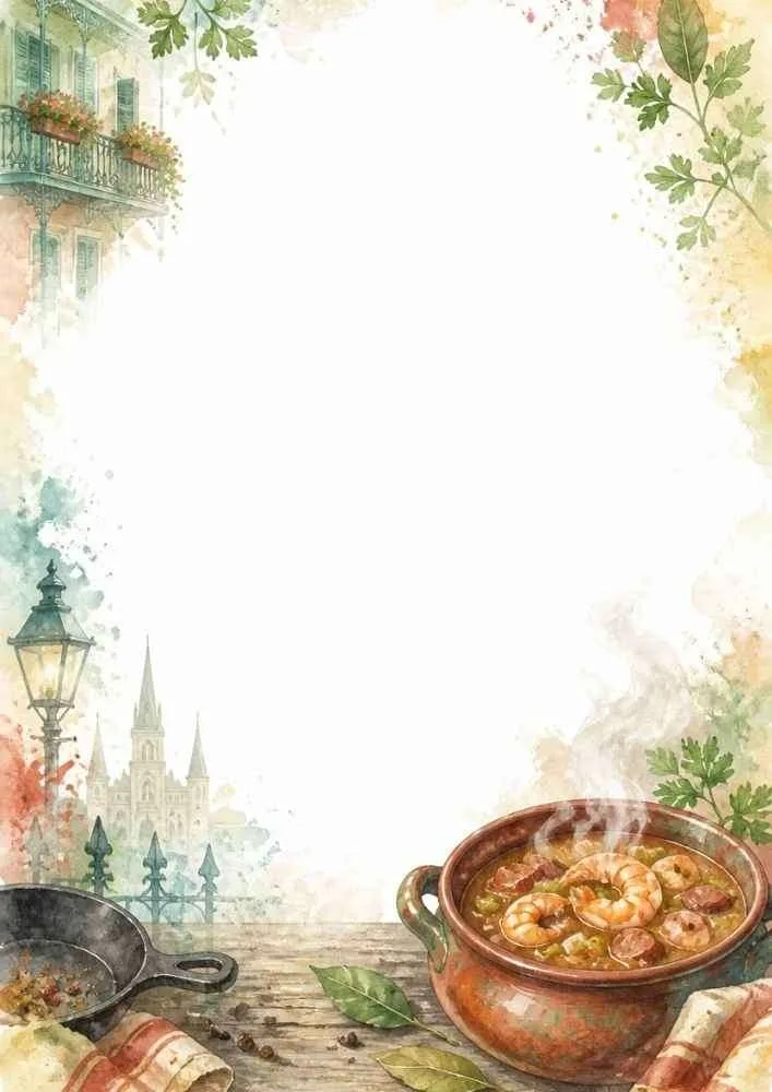 A gumbo border with a steaming bowl, cast-iron skillet, herbs, and city details.