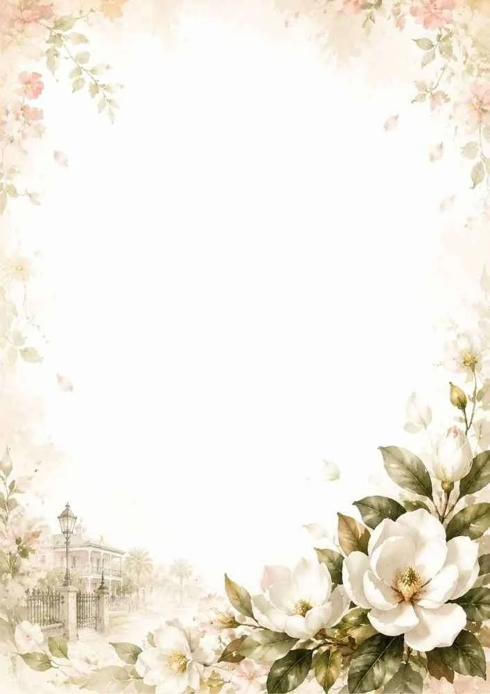 A magnolia flower border with vines and a Southern home.