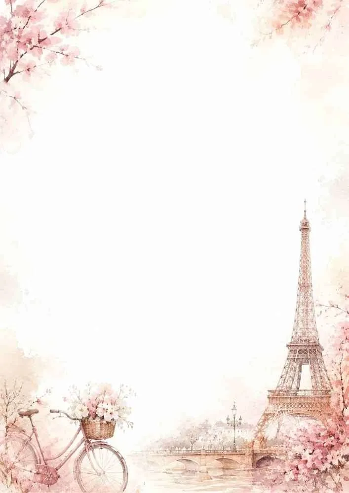 Watercolor Paris border with cherry blossoms, Eiffel Tower, bicycle, and a large blank writing area.