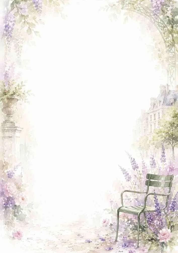 Watercolor Paris garden border with lavender, chair, flowers, and blank writing space.
