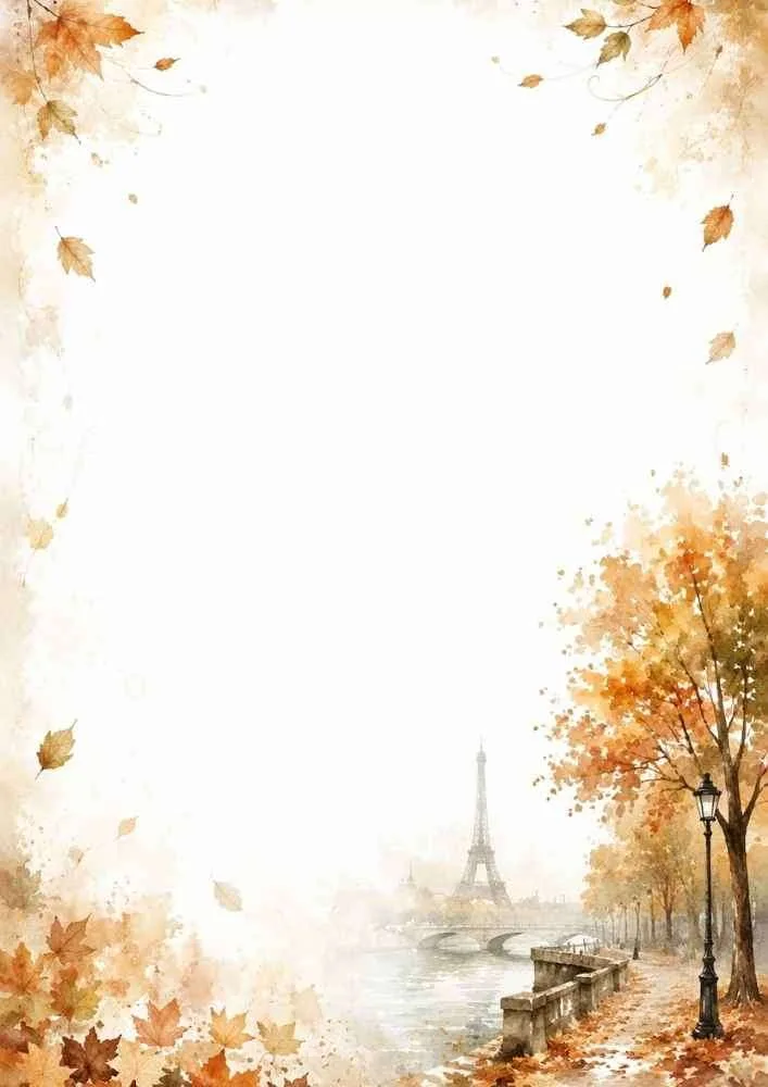 Watercolor autumn Paris border with fall leaves, Eiffel Tower, and blank center.