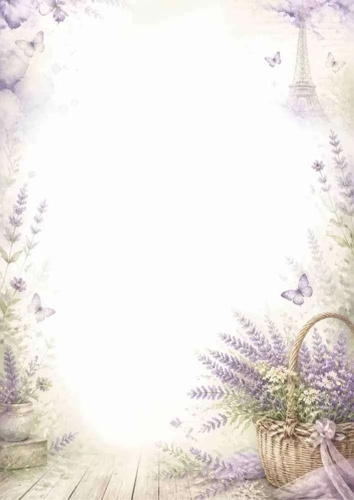 Watercolor lavender basket border with butterflies, flowers, Eiffel Tower, and blank center.