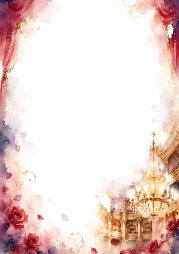 Watercolor opera house border with chandelier, roses, curtains, and blank center.