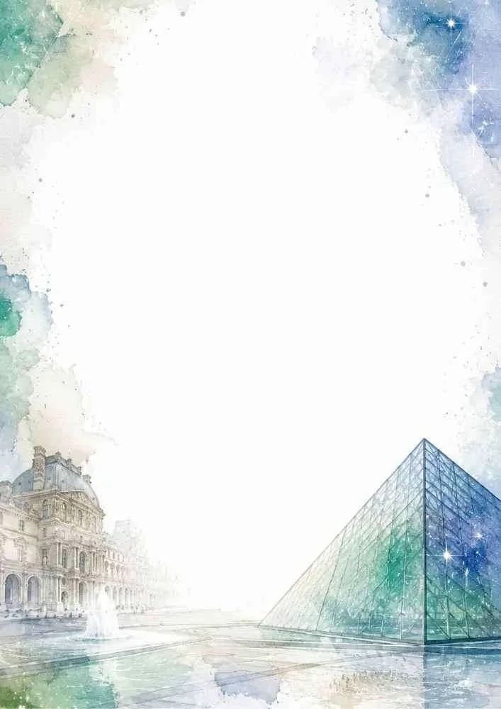 Watercolor Louvre Pyramid border with museum buildings and a large blank writing area.