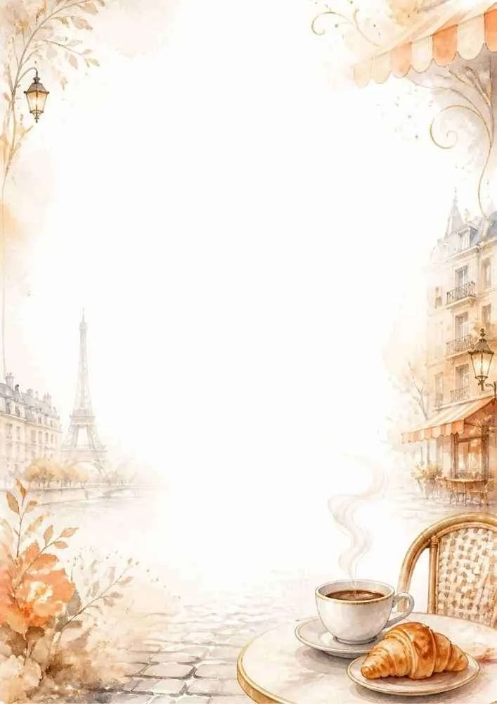 Watercolor Paris café border with coffee, croissant, Eiffel Tower, and blank writing area.