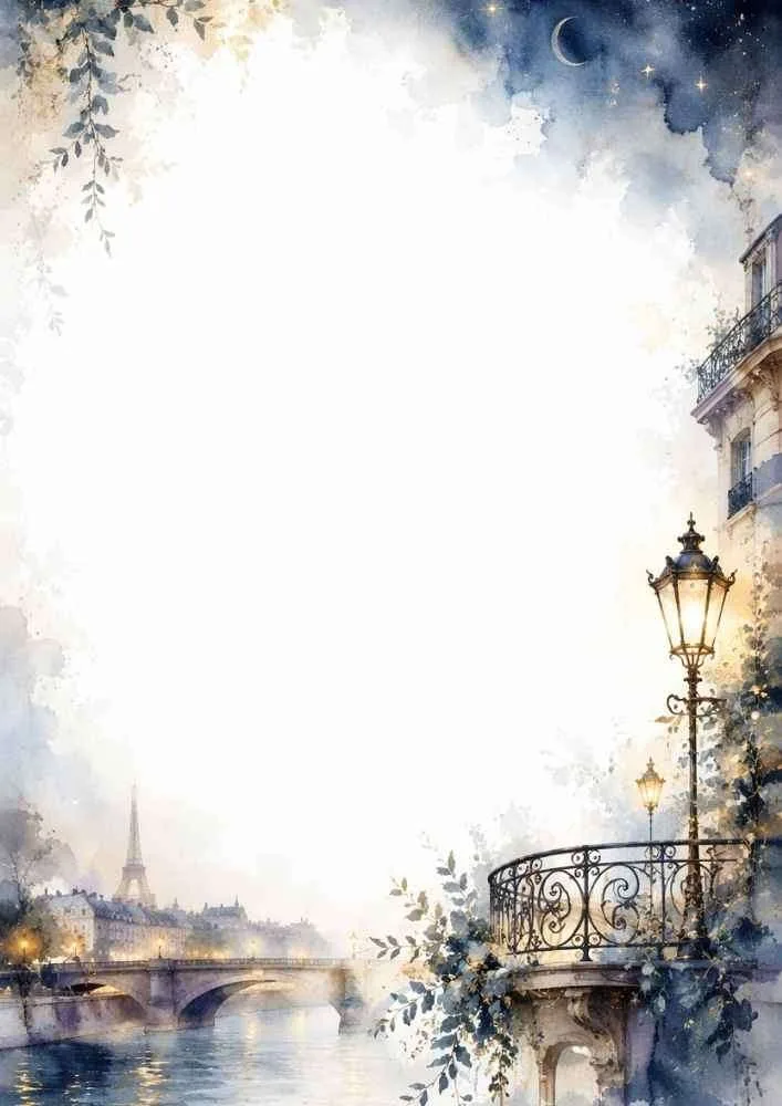 Watercolor Paris night border with balcony, street lamps, river, and blank center.