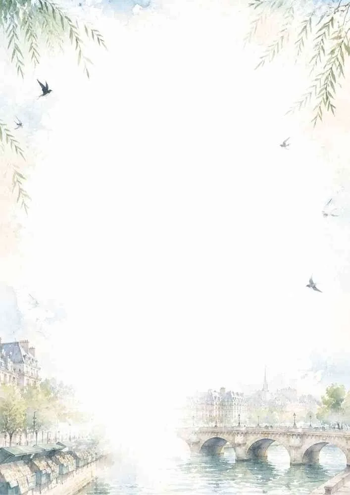 Watercolor Paris riverside border with bridge, birds, and spacious blank writing area.