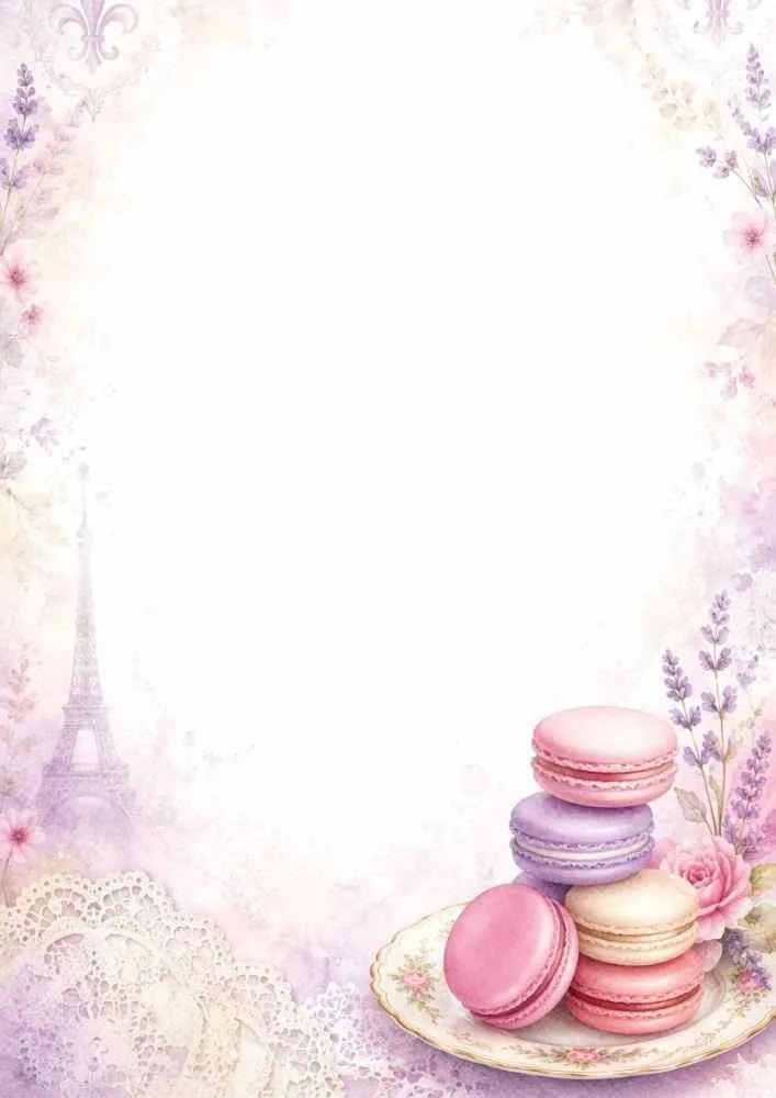 Watercolor Paris border with macarons, lavender, Eiffel Tower, and blank writing space.
