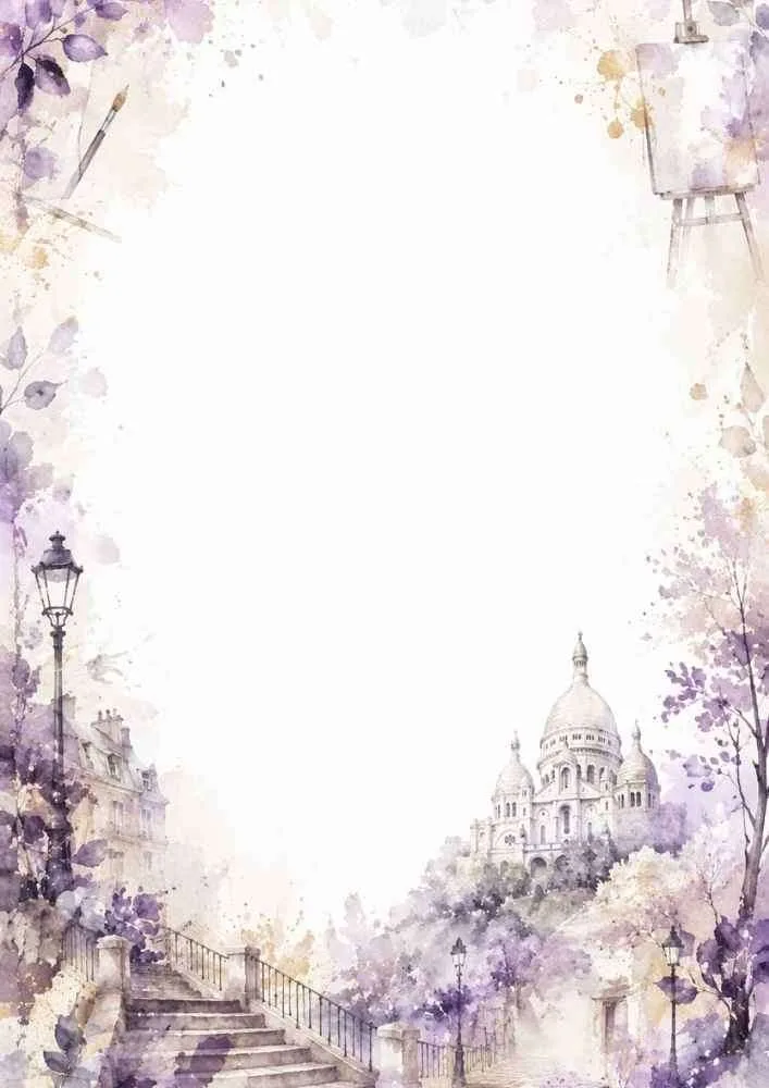Watercolor artist border with easel, paintbrushes, Sacré Coeur Basilica, and blank center.